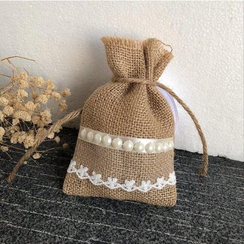 Lace Hessian Gift Packaging Pouch 10x15cm(3.5"x6") Pack of 50 Party Candy Favor Sack Burlap Drawstring Bag