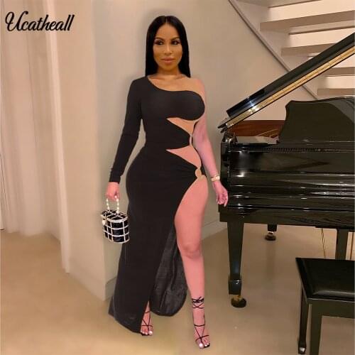 Metal Ring Open Waist Sexy Women One Shoulder Long Sleeve Side Hole Hollow Out High Split Slit Party Clubwear Stretch Dress