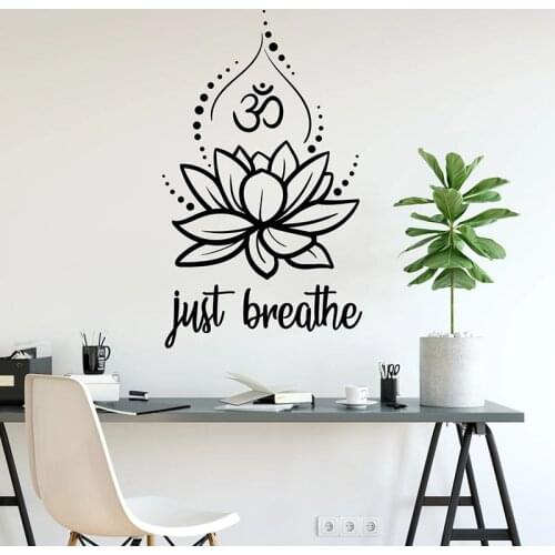 Just Breathe Wall Decal Lotus Flower Yoga Hinduism Relax Spa Meditation Room Interior Decor Vinyl Window Stickers Wallpaper Q651