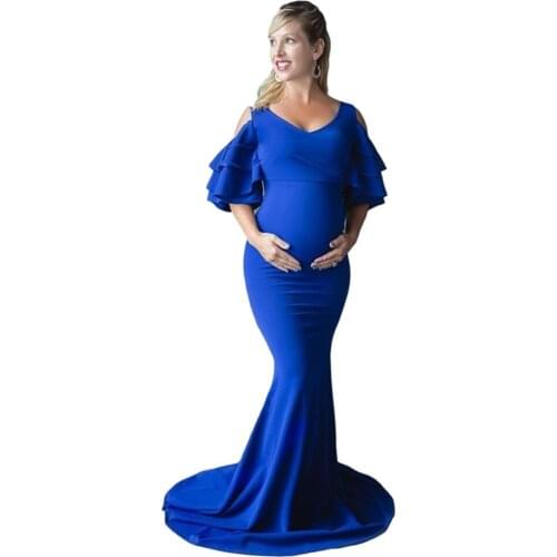 Ruffles Maternity Photography Prop Long Dress Off Shoulder Fancy Pregnancy Maxi Gown Sexy Pregnant Women Clothes For Photo Shoot