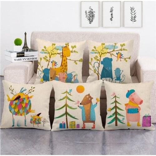 One Side Print Cushion Cover Linen Pillow Cover for Home Sofa Seat Throw Cases Cute Vintage Decoration 45X45cm Giraffe Penguin
