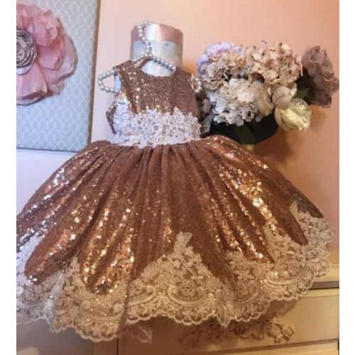 Luxury Golden Sequin Infant Girls First Communication Dress Girls Christening Dresses Golden Sequin With White Lace Custom