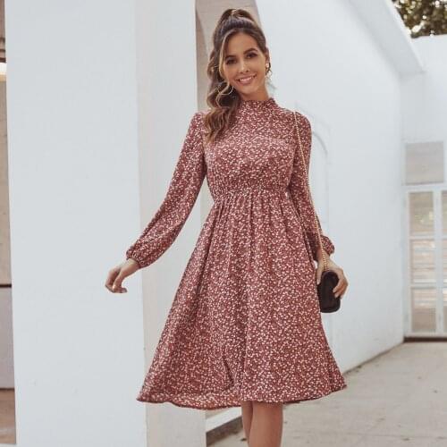 Foridol Elegant Ladies Floral Print Dress Women Summer Spring Long Sleeve Boho Dress Ladies Red Midi Holiday Dress Vestidos
