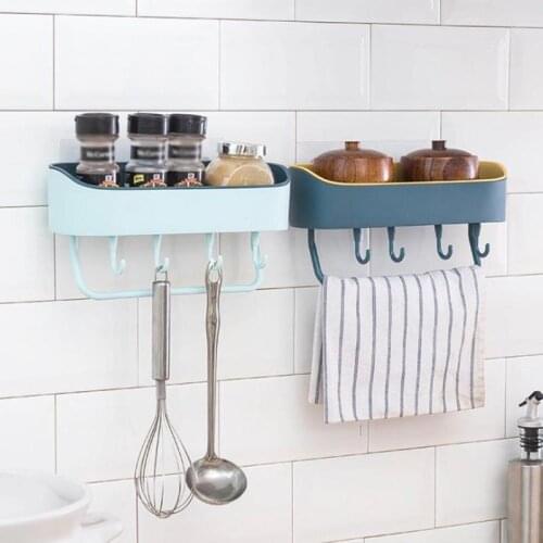 Bathroom Storage Shelves Hanging Rack Wall-mounted Punch Free Shower Shelf Kitchen Wall Plastic Storage Basket Racks with Hooks