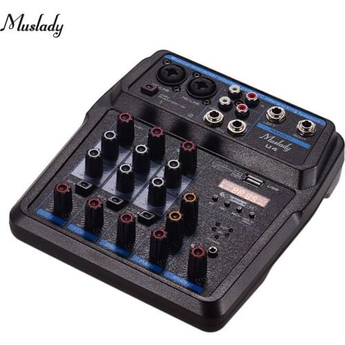 Muslady U4 Portable 4 Channels Audio Mixer BT USB Mixing Console with Sound Card Built-in 48V Phantom Power EU Plug