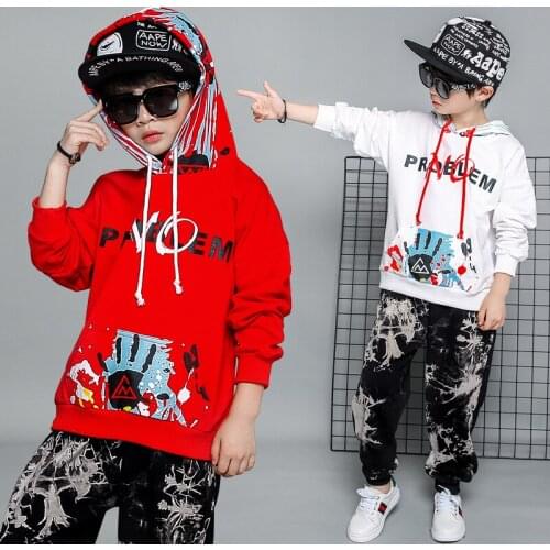 Spring Autumn Casual Children Sport Wear 2 Piece Sets Printed Hooded Loose Sweatshirt+Sweatpants Fashion Boys Tracksuit 4-13T