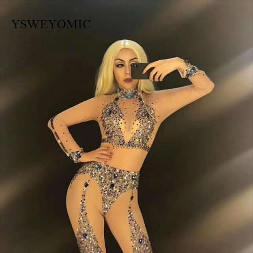 Sexy See through Jumpsuit Colorful Sparkly Rhinestones Prom Birthday Female Singer Show Stage Wear Women Dance Clothes