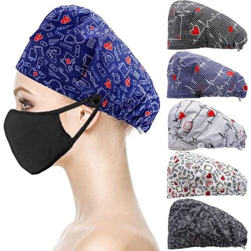 Tooth Pattern Print Unisex Cartoon Adjustable Scrub Hat Beauty Salon Doctor Nursing Surgical Cap Lab with Button Nurse Hat Women