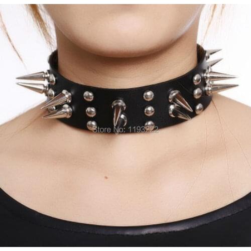 Stylish Punk Rock Handmade Spikes Studded Rivets Handcrafted Leather Collar Choker Necklace