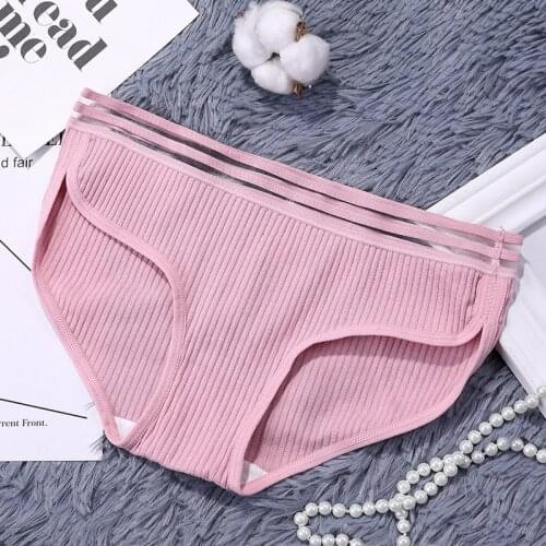 DERUILADY Fashion Panties Mid Rise Screw Thread Brief Splice Solid Breathable Pantie Women Striped Sexy Lingerie Underwear Women