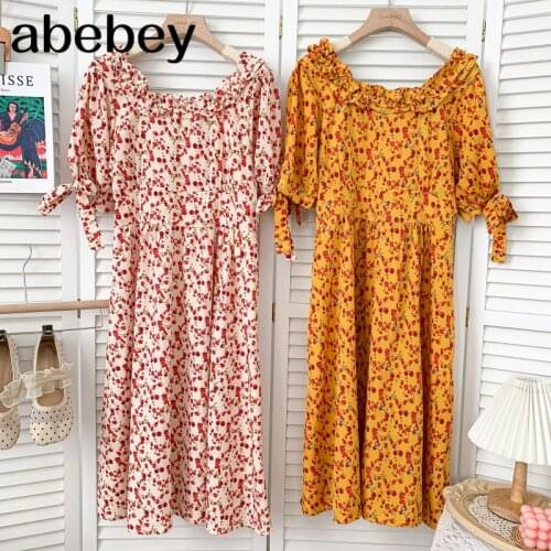 Vintage square collar puff sleeve Dress Edible Tree Fungus edge high waist pleated floral mid-long Dress 2021 New Summer