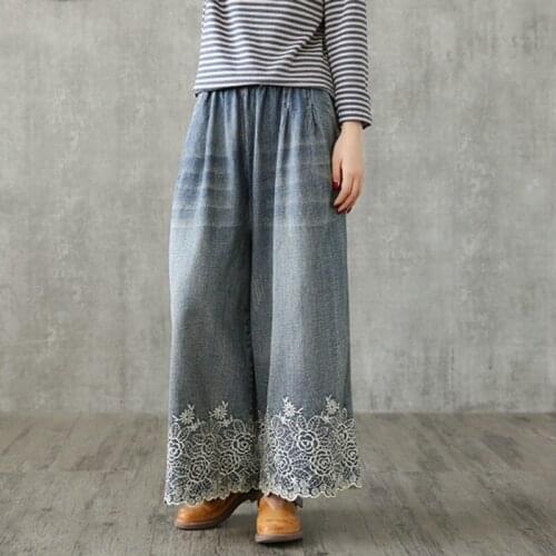 Vintage Wide Leg Jeans Women Embroidery Loose Fit Straight Denim Pants Casual Ladies 100% Cotton Trousers Female Harajuku Pants