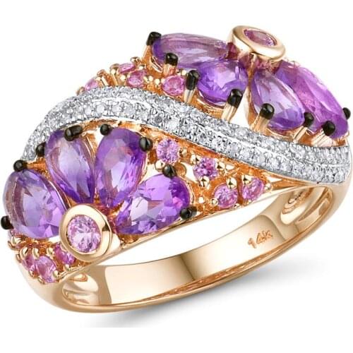 VISTOSO Genuine 14K Rose Gold Ring For Women Shimmering Diamond Fancy Pink Sapphire Amethyst Fantastic Wedding Band Fine Jewelry