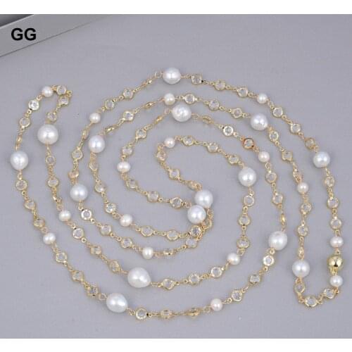 GuaiGuai Jewelry Stunning Natural Cultured 69'' White Round Keshi Pearl Crystal Chain Necklace For Women