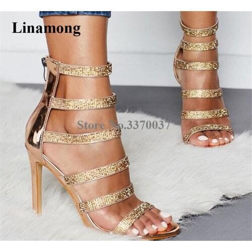 Bling Bling Women Fashion Gold Rhinestone Sequined Stiletto Heel Gladiator Sandals Back Zipper-up High Heel Sandals Dress Heels
