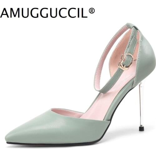 2021 New Plus Big Size 31-46 Real Leather Blue Apricot Buckle Fashion Sexy High Heel Spring Female Lady Shoes Women Pumps D1376