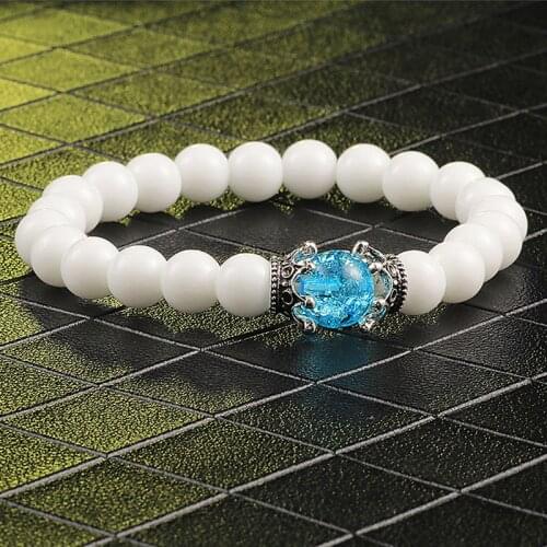 8mm Classic White Stone Beaded Women Bracelet Trendy King Imperial Crown Charms Bracelets For Men Handmade Elastic Rope Jewelry