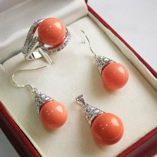 Womens Wedding noble and decent 12mm salmon pink shell pearl , earrings ring(7-10#)sets for valentines day silver mujer moda