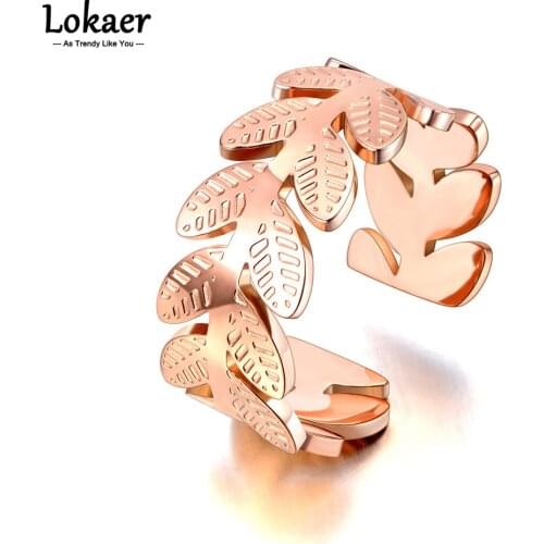 Lokaer New Design Titanium Stainless Steel Plant Leaves Party Rings Rose Gold Plated Bohemia Open Ring For Women Кольца R21024