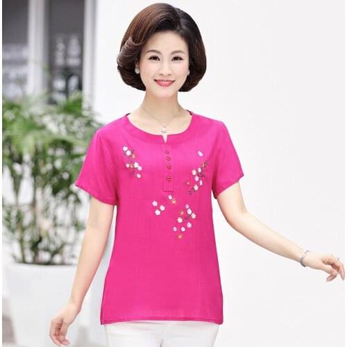 5XL Plus Size 2021 Women Summer Embroidery Tops Tees Short Sleeve T-Shirt Middle Age Mothers Floral T shirt Female Clothes