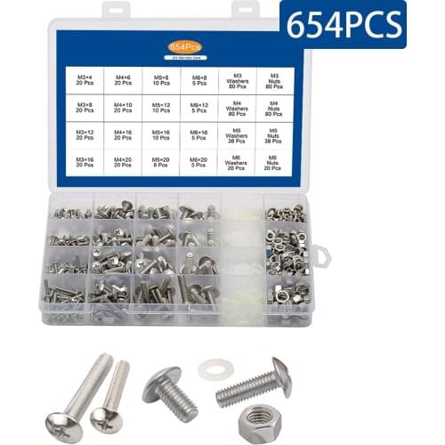 654PCS/Box M3 M4 M5 M6 Cross Recessed Truss Mushroom Head With Nut Nylon Washer Stainless Steel Machine Screws Assorted Kit