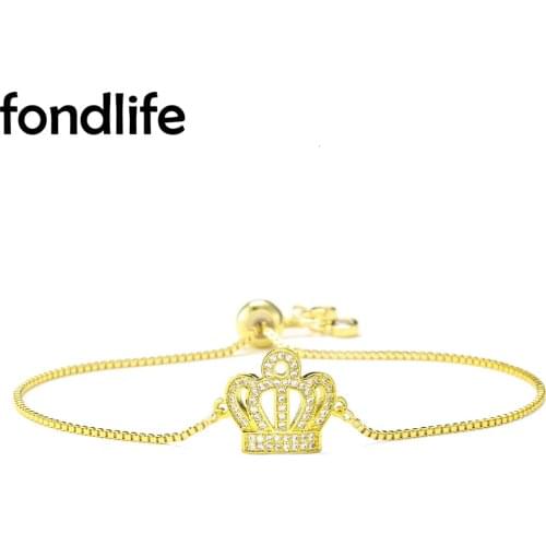 Cubic Zirconia Stones Gold-plated Brass Crown Charm Slide Chain Bracelet Women Lady Sweet Cute Girl Princess CZ Jewelry Gift