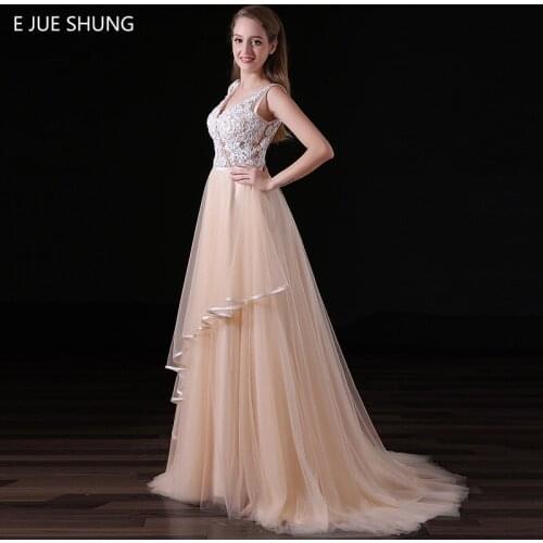 E JUE SHUNG Champagne Tulle Ivory Lace Appliques Long Evening Dresses 2018 V-neck Backless Formal Dresses Prom Party Dress
