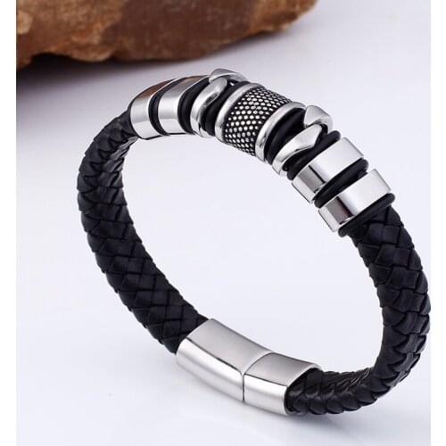 Jewels Store Genuine Cowhide Leather Bracelet Men Stainless Steel Black Charm Wrap Bangle Jewelry Homme Accessories For Man