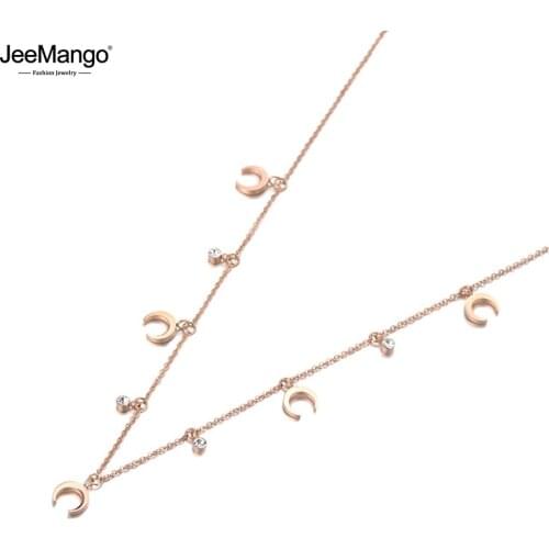 JeeMango Office Stainless Steel CZ Crystal Horn Shape Choker Necklace Jewelry Fashion Pendant Chain Necklace For Women JN19122