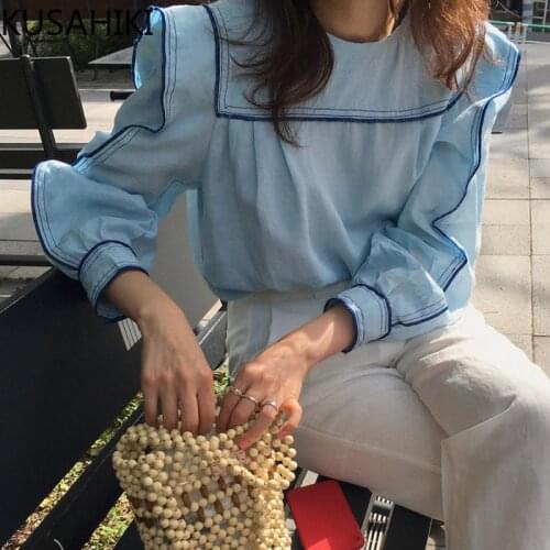 KUSAHIKI 2021 Spring Women Blouses Korean Sweet Puff Sleeve Top Causal Hit Color Patchwork Blusas Mujer De Moda 6F958