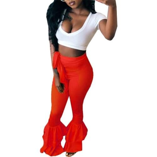 Summers new sexy casual womens yellow red belt tights flared bell-bottoms pants