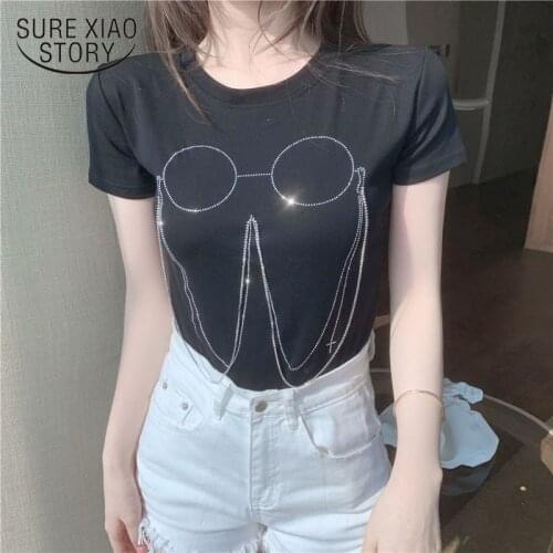 Summer Slim Solid Short-sleeved O-Neck T-shirt with Glasses Chain Decoration Womens All-match Crop Top Casual Streetwear 14926