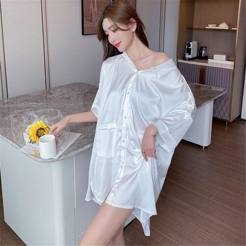 In The Summer Ice Silk Womans Nightgown Sexy Paragraph Cardigan Women Nightgown Chiffon with Short Sleeves Thin Nightgown