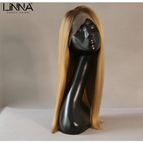 LINNA Long Straight Synthetic Lace Wigs Ombre Blonde Wig 20 Inch Side Part Lace Density Heat Resistant Cosplay Wig For Women