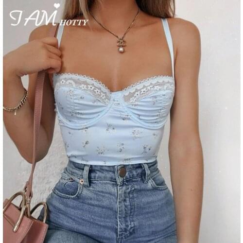 Y2k Kawaii Floral Print Lace Corset Crop Top Women Light Blue Aesthetic Milkmaid Cottagecore Sexy Retro Camisole Summer Iamhotty