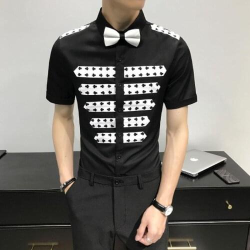2021 Mens Shirts Banquet Party Stitching Short Sleeve Shirt Epaulettes Overalls Shirt Slim Streetwear Social Blouse Size M-4XL