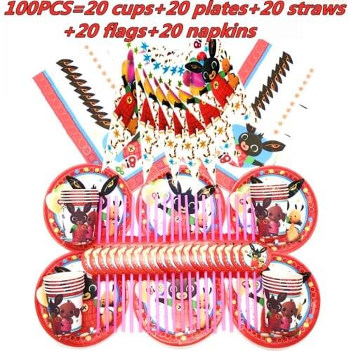 Bing Rabbit Party Supplie Disposable Tableware Set Paper Cup Plate Straw Flag Napkin Kids Baby Shower Birthday Party Decorations