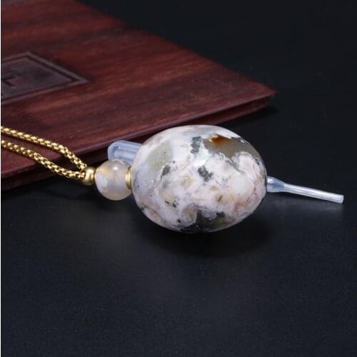 Natural grey white cloud crystal stone bead empty bottle perfume essential oil container pendant charm necklace for women man