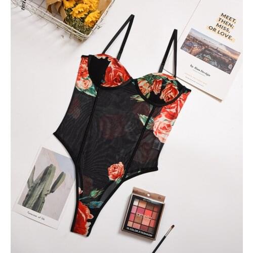 New Womens Teddy bodysuit Printed Sling Bra Net Yarn Perspective Underwear Thong One-piece Lingerie Set