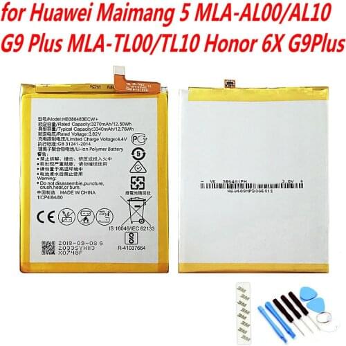 Original 3340mAh HB386483ECW+ Battery ForHuawei Maimang 5 MLA-AL00/AL10 G9 Plus MLA-TL00/TL10 Honor 6X G9Plus Mobile Phone