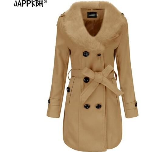 Coat Women 2021 NEW Spring Casual Plus Size Slim Double Breasted Faux Fur Collar Woolen Jackets Female Outwear abrigo mujer 5XL