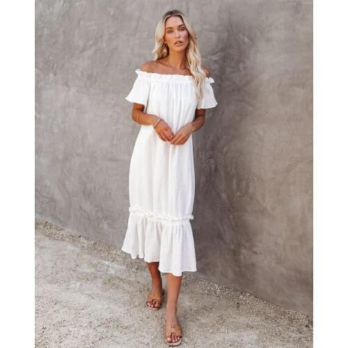 Sexy Off-Shoulder Solid Color Dress Short-Sleeved Hem Ruffled Chiffon Midi Skirt Womens Clothing