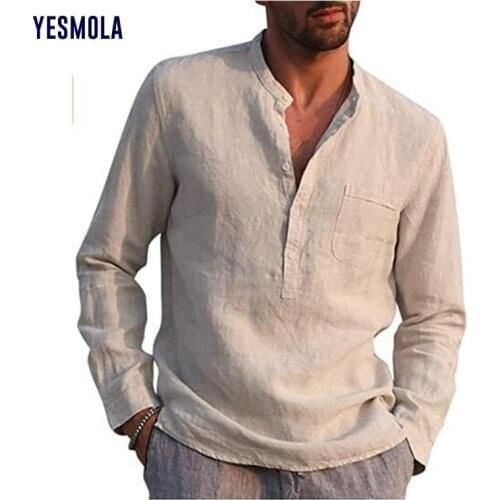 YESMOLA Mens Long Sleeve V-neck Casual Linen Shirt Mens Wear Spring Autumn Soild Casual Shirt Retro Male Clothes