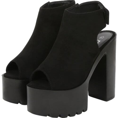 2020 new spring autumn casual 14.5CM Thick high-heeled shoes Waterproof sexy platform pumps Flock Slip On Peep Toe women shoes