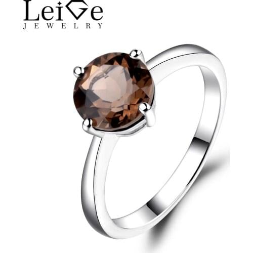 Leige Jewelry Round Cut Smoky Quartz Solitaire Ring Wedding Engagement Rings for Women Sterling Silver 925 Fine Jewelry