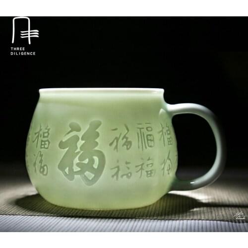 Chinese Unique Porcealin Tea Set Ancient Writing Engraved Tea Mug With Filter Ceramic Coffee Cup Water Cup