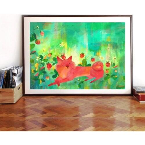 Vintage Poster Japanese Morita Strawberry Cat Animal Hero Canvas Painting Gift Wall Art Print Picture Living Room Studio Decor