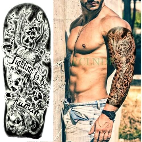 Waterproof Temporary Tattoo Sticker skull rose full arm fake tatto flash tatoo fighting to be human letter large size for men