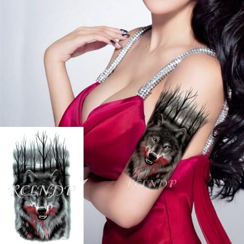 Waterproof Temporary Tattoo Sticker Bleeding Wolf Forest Dead Tree Big Size Fake Tatto Flash Tatoo Arm Leg Art for Women Men