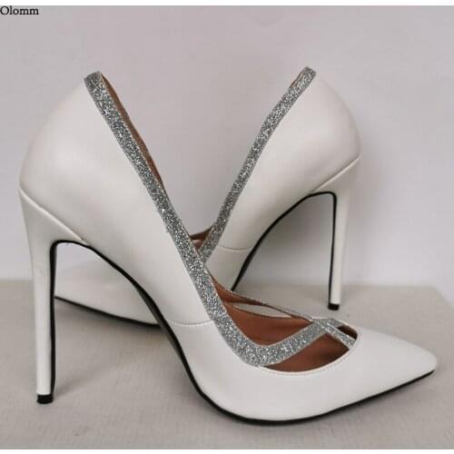 Olomm New Arrival Women Spring Pumps Glitter Stiletto Heel Pointed Toe Gorgeous White Wedding Party Shoes Women US Size 5-15